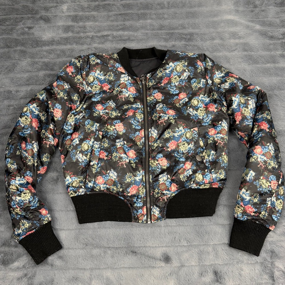American Eagle Reversible Bomber Jacket Womens Small Floral Quilted Black 15072